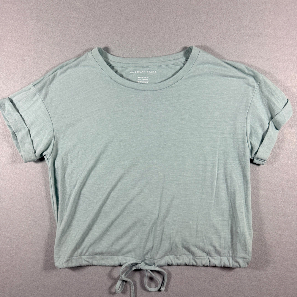 American Eagle Sage Green Cinch Tie Front Crop Top Tee Womens XS Cropped